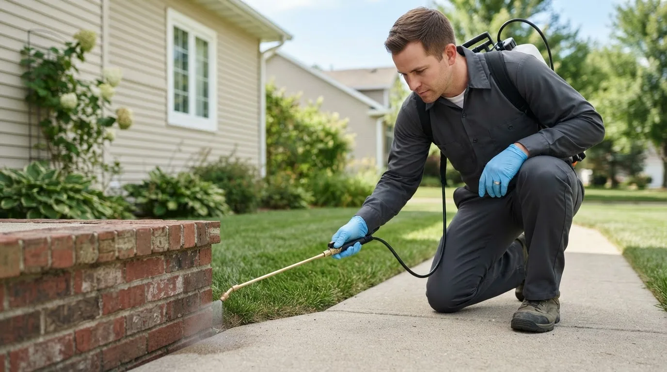 Pest control technician treating a home near Grosse Pointe, MI